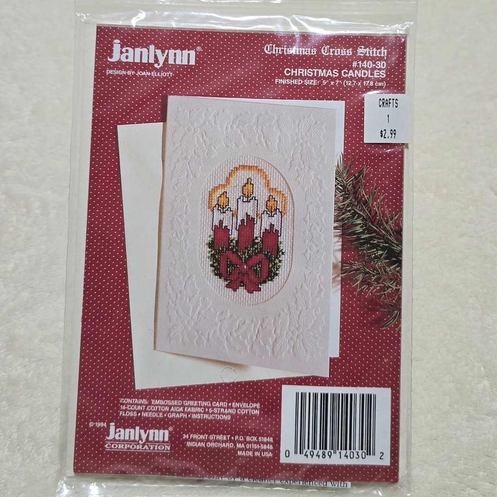 Vintage 90s Janlynn Cross Stitch Christmas Card Kit Embossed Card‎ Envelope NWT